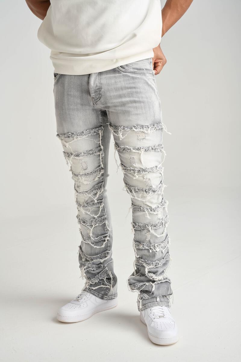 SK STRETCH STACK JEANS WITH FRAYED PATCH MULTI COLORS