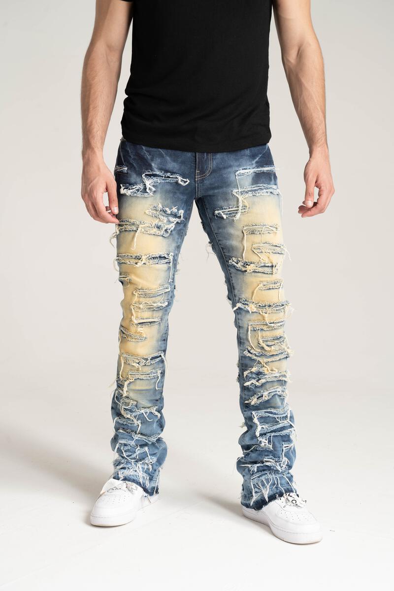 STACK JEANS WITH MULTI RIP & REPAIR Dark Indigo