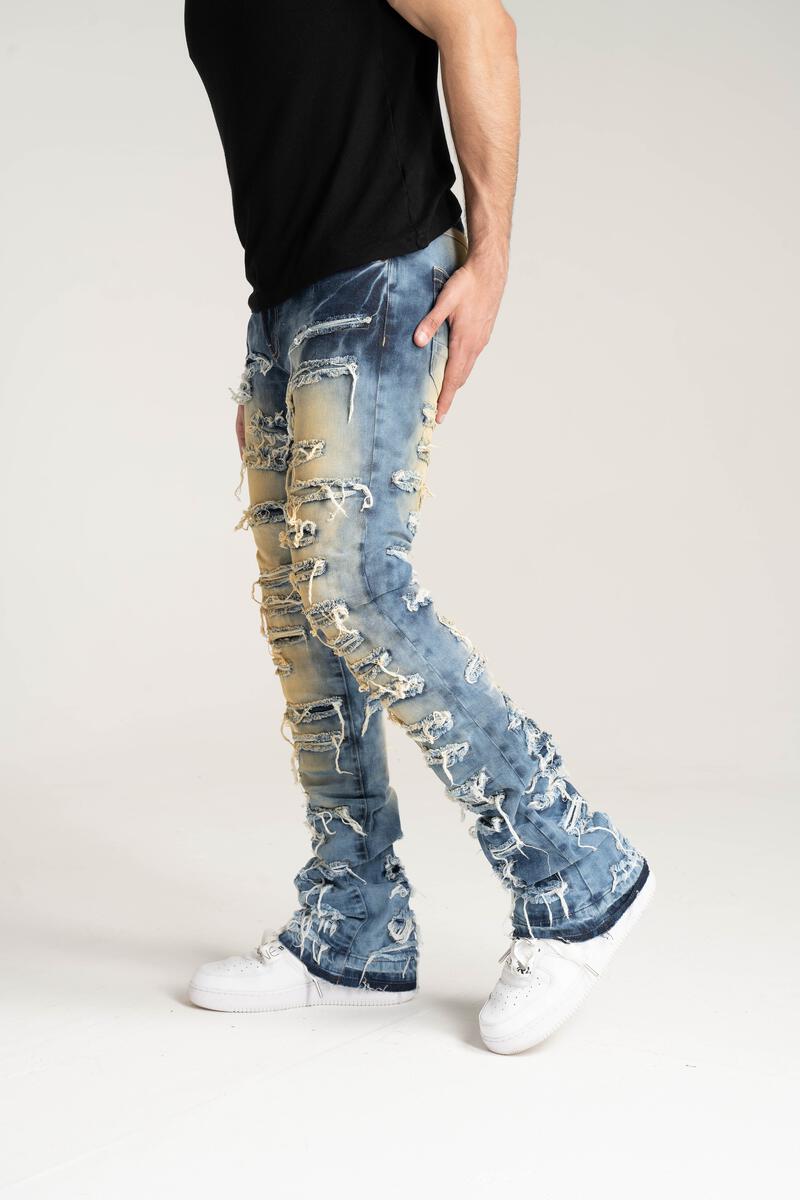 STACK JEANS WITH MULTI RIP & REPAIR Dark Indigo