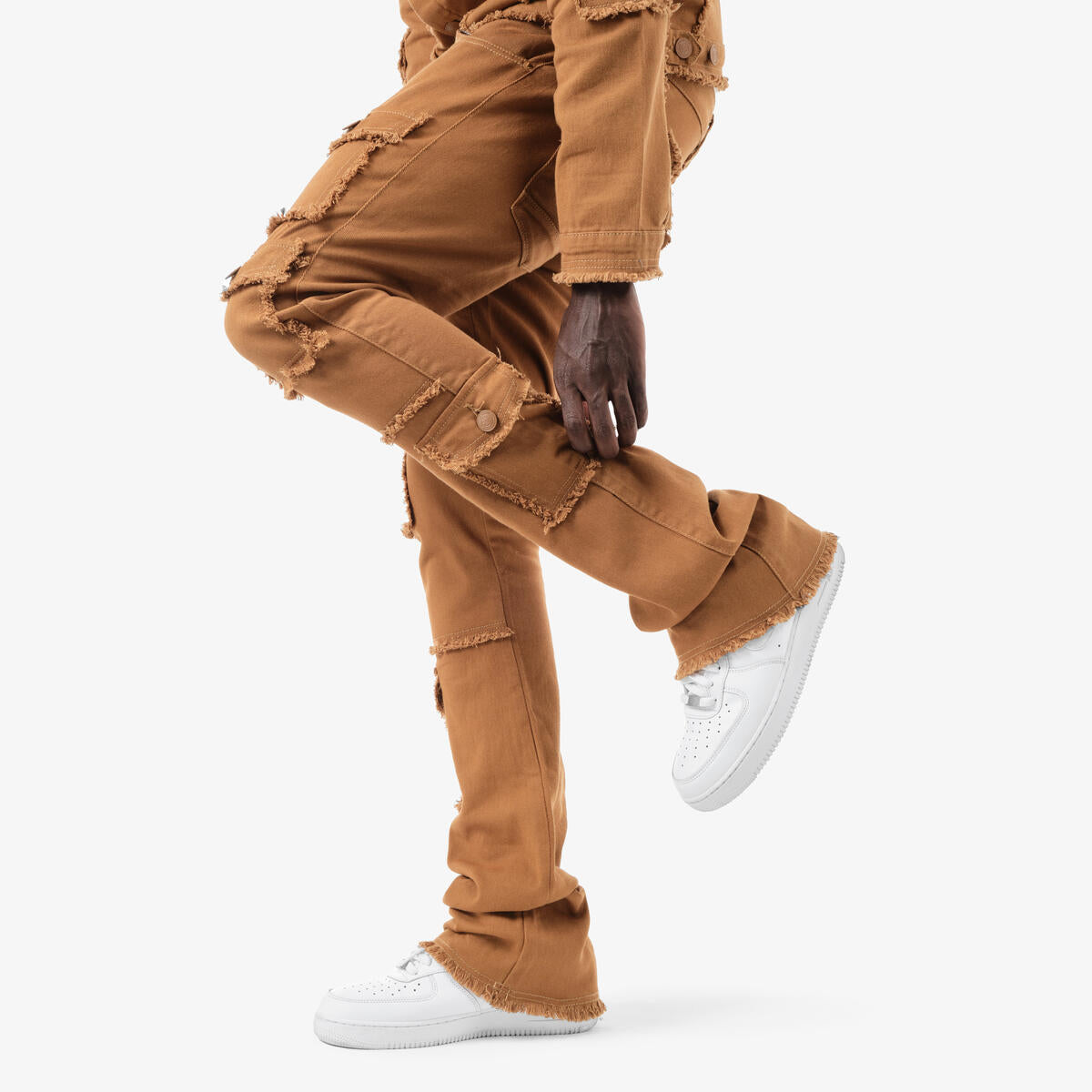 Copper Rivet Jeans - Fray Edge Cargo Pocket Stacked - Tim