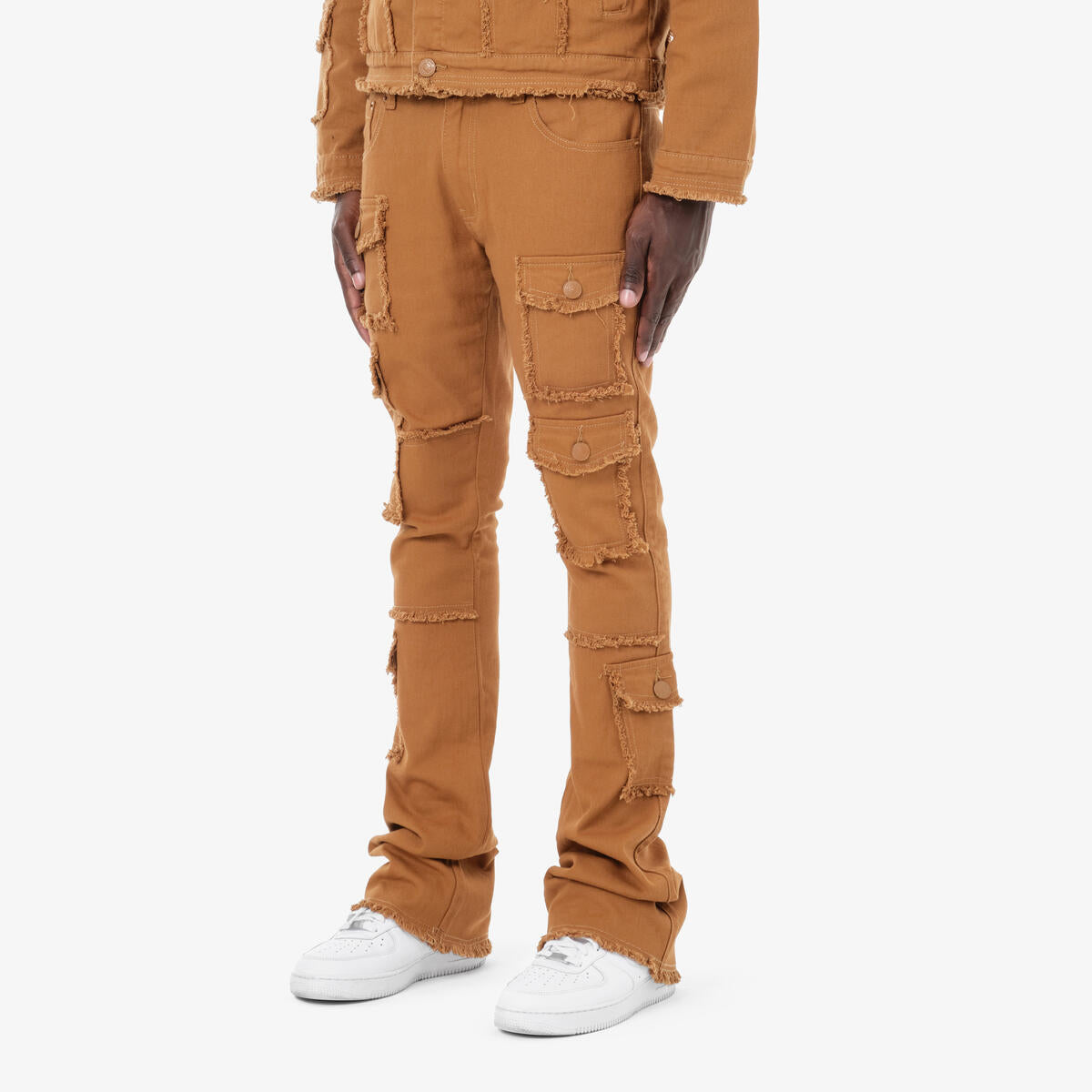Copper Rivet Jeans - Fray Edge Cargo Pocket Stacked - Tim