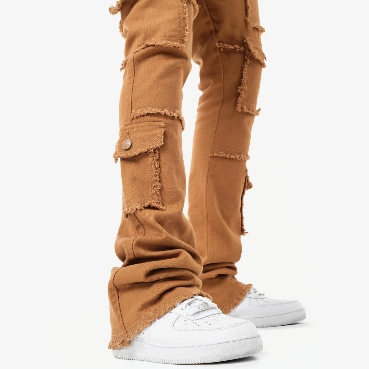Copper Rivet Jeans - Fray Edge Cargo Pocket Stacked - Tim