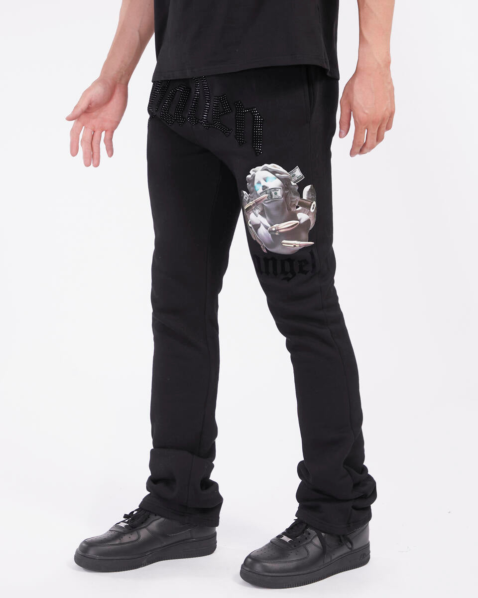 Close-up of Stacked Angel Bullet Design on Black Jeans