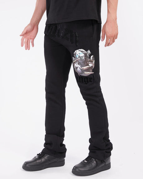 Close-up of Stacked Angel Bullet Design on Black Jeans