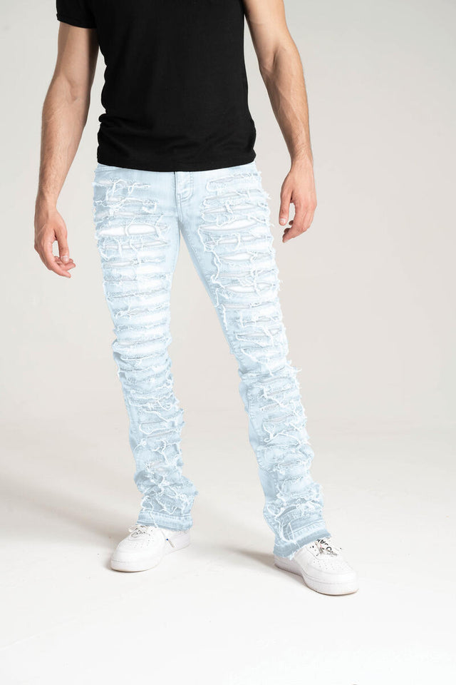 STACK JEANS WITH MULTI RIP & REPAIR LIGHT BLUE