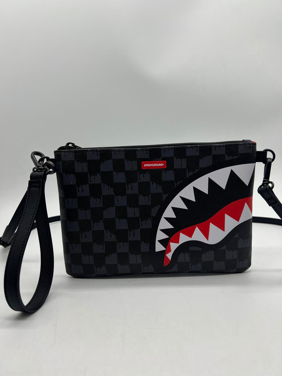 SPRAYGROUND DRIP CHECK SHARK CROSSOVER CLUTCH W/ SHOUDLER STRAP
