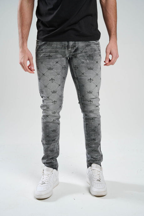 STRETCH SLIM FIT JEANS WITH DISCHARGE PRINT BLACK WASH