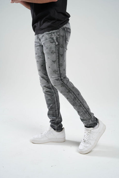 STRETCH SLIM FIT JEANS WITH DISCHARGE PRINT BLACK WASH