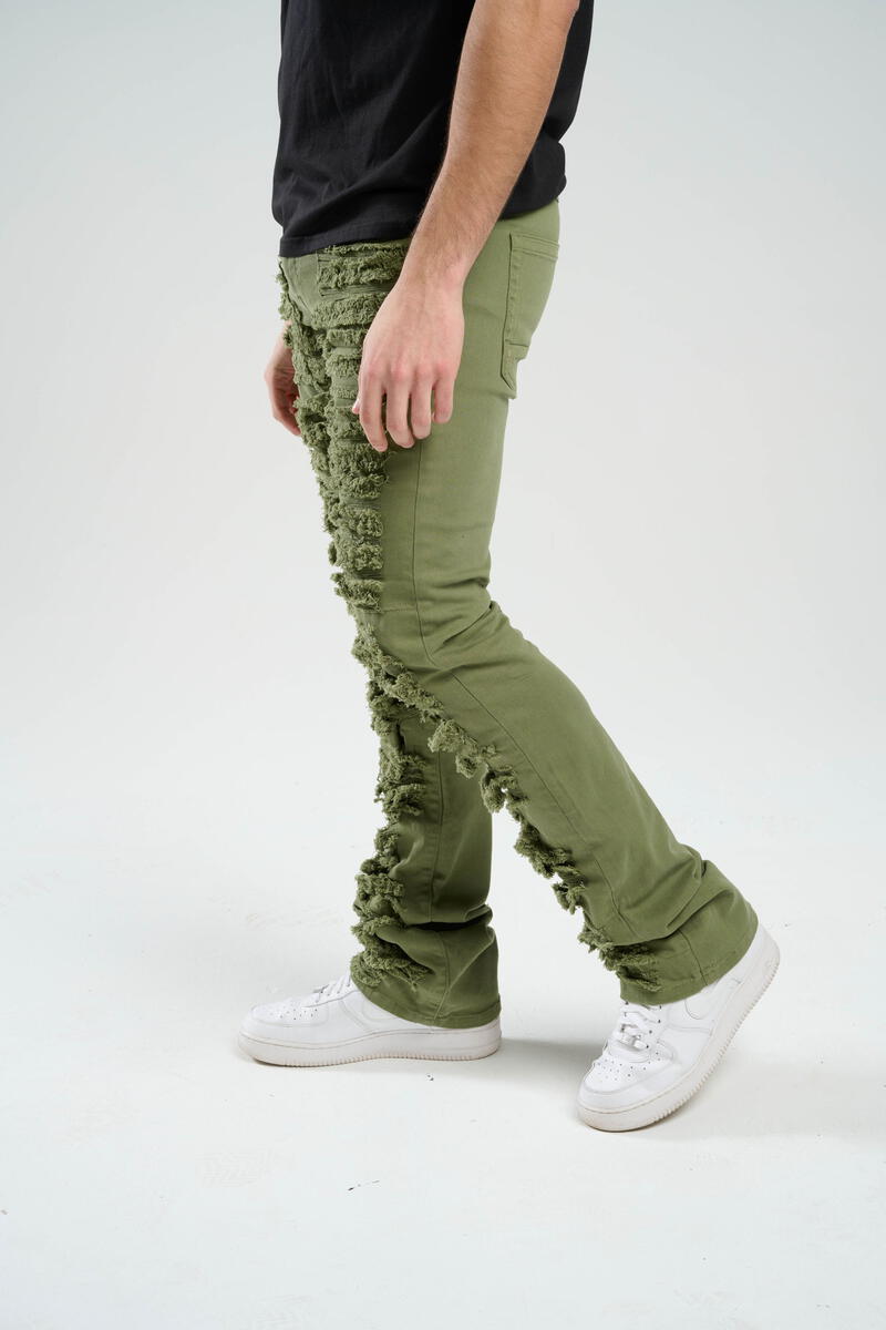 STACK JEANS WITH MULTI RIP & REPAIR OLIVE GREEN