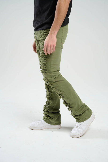 STACK JEANS WITH MULTI RIP & REPAIR OLIVE GREEN