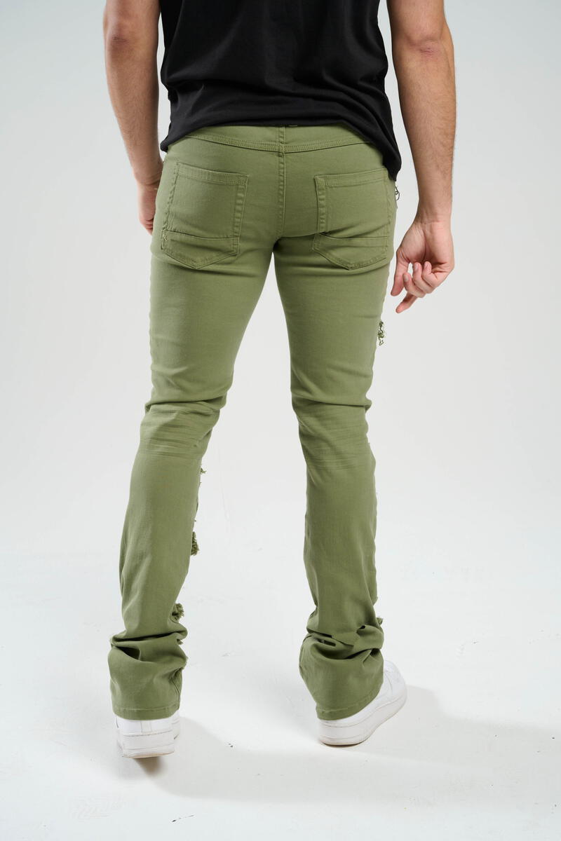 STACK JEANS WITH MULTI RIP & REPAIR OLIVE GREEN