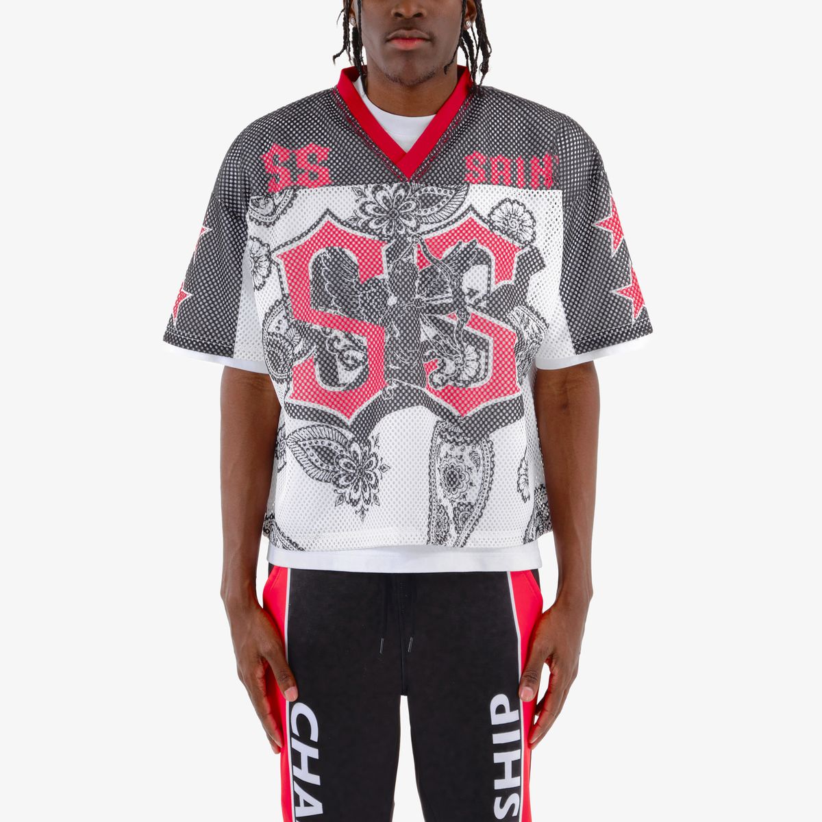 COPPER RIVET OVER SIZE MESH SAINT CROP T-SHIRT MULTI COLORS