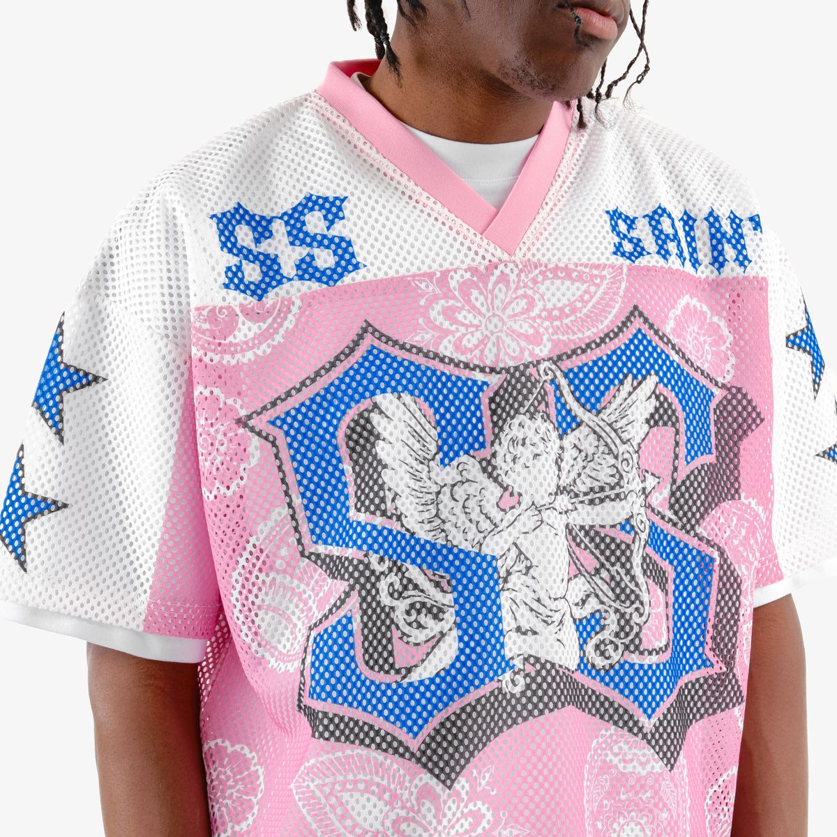 COPPER RIVET OVER SIZE MESH SAINT CROP T-SHIRT MULTI COLORS