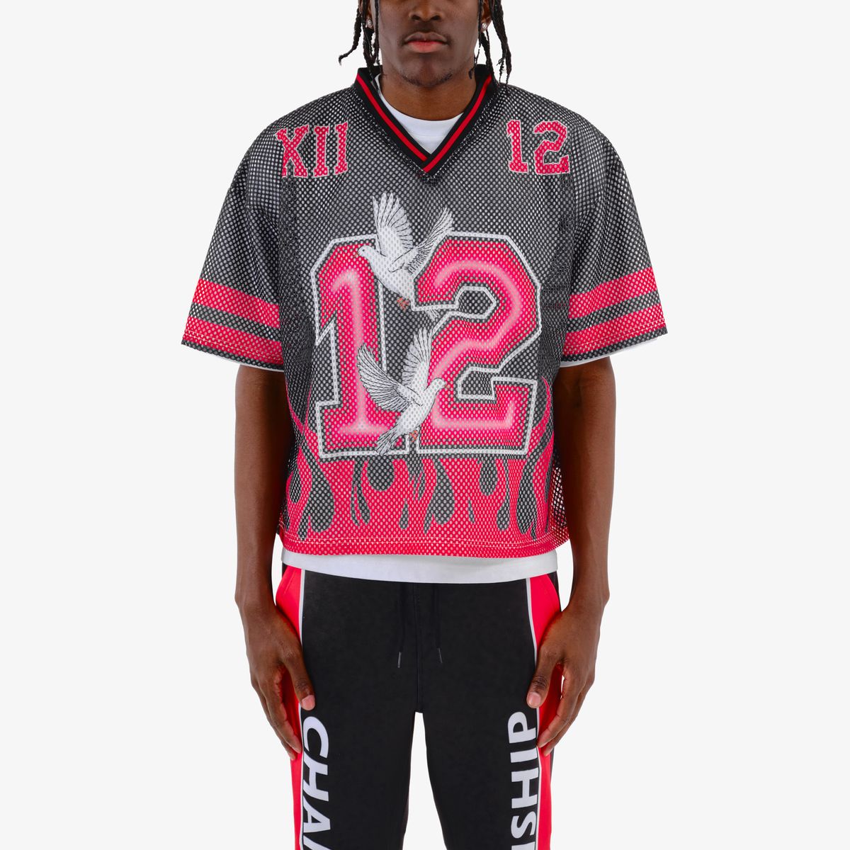 COPPER RIVET OVER SIZE FLAME MESH WORLDWIDE CROP T-SHIRT MULTI COLORS