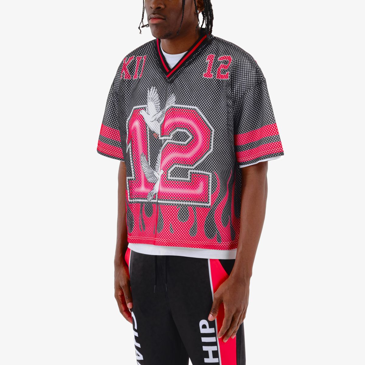 COPPER RIVET OVER SIZE FLAME MESH WORLDWIDE CROP T-SHIRT MULTI COLORS