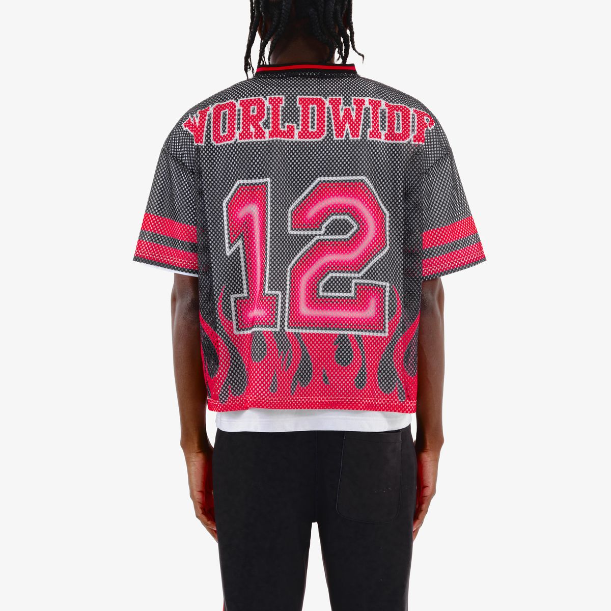 COPPER RIVET OVER SIZE FLAME MESH WORLDWIDE CROP T-SHIRT MULTI COLORS