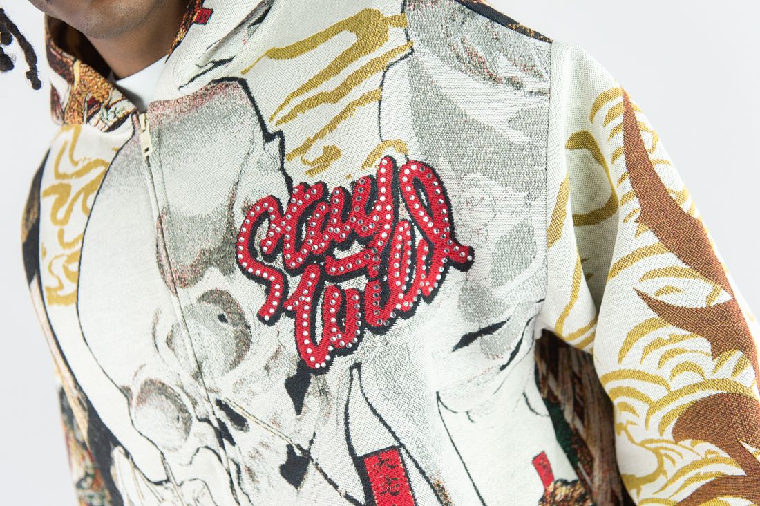 Rebel Minds Rhinestone Wild Tapestry Zip Up Hoodie Cream