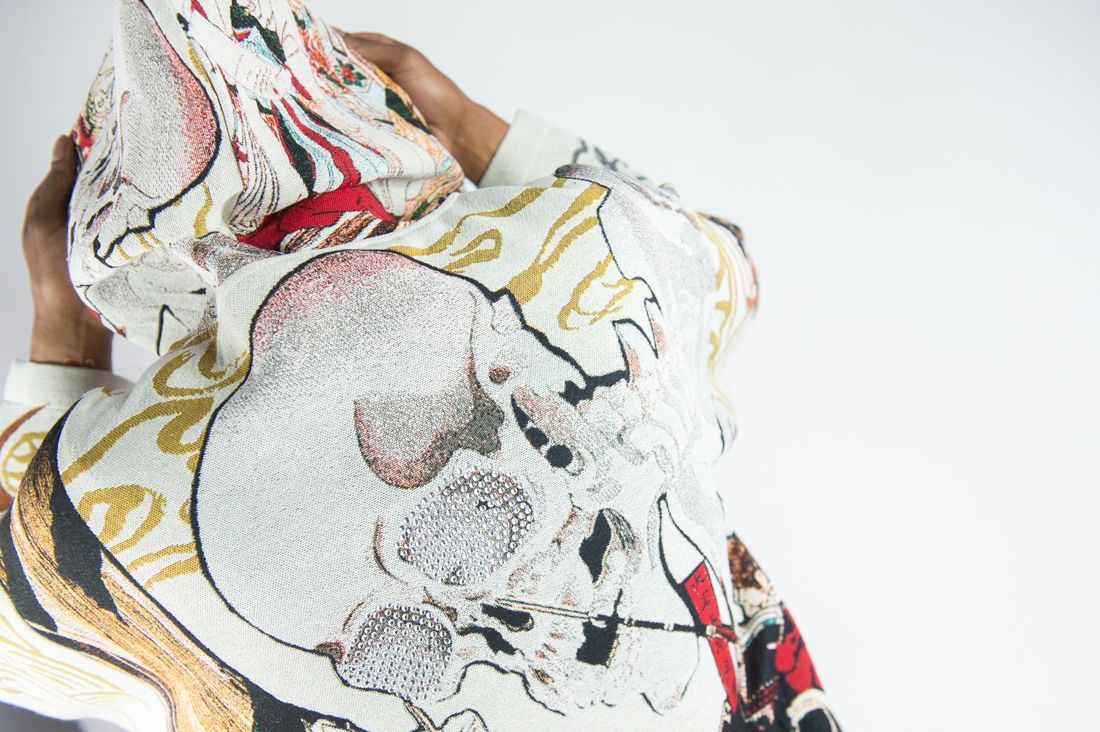 Rebel Minds Rhinestone Wild Tapestry Zip Up Hoodie Cream