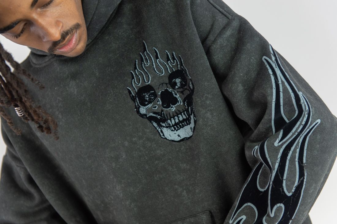 Rebel Minds Flame Skull Acid Wash Hoodie Multi Colors