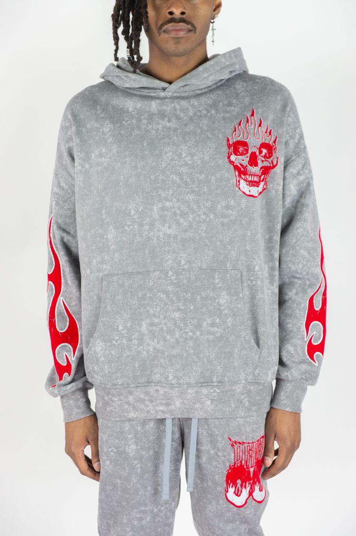 Rebel Minds Flame Skull Acid Wash Hoodie Multi Colors
