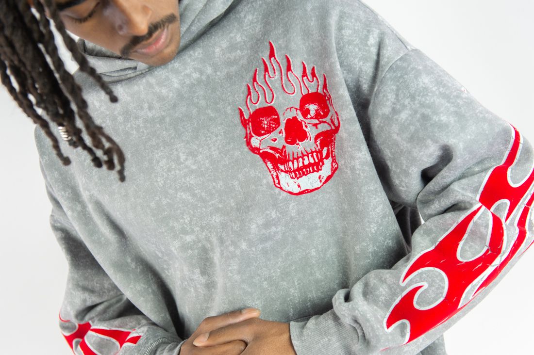 Rebel Minds Flame Skull Acid Wash Hoodie Multi Colors