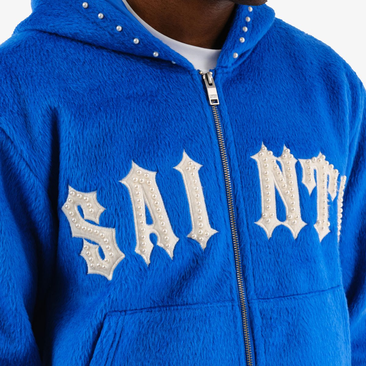 Copper Rivet Mohair Saints Embroidery Full Zip Hoodie Multi Colors