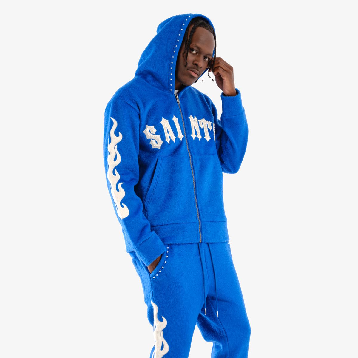 Copper Rivet Mohair Saints Embroidery Full Zip Hoodie Multi Colors