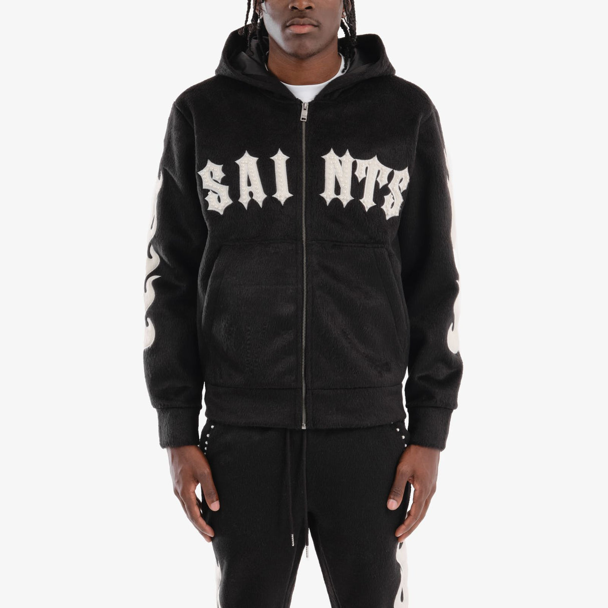 Copper Rivet Mohair Saints Embroidery Full Zip Hoodie Multi Colors