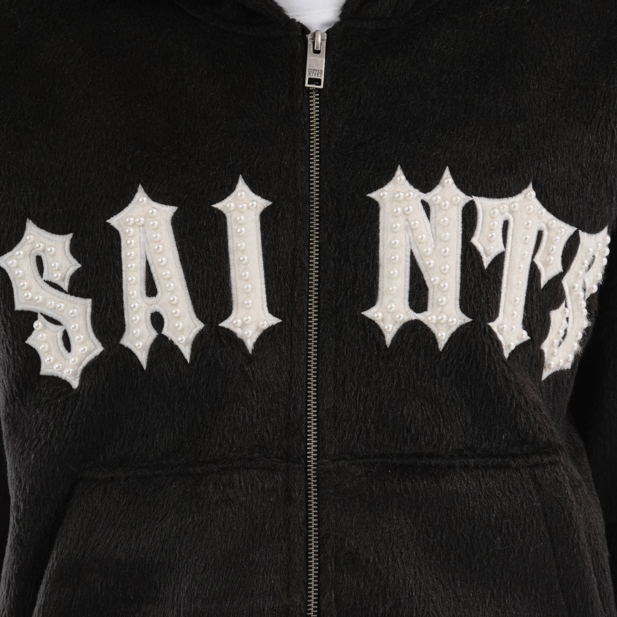 Copper Rivet Mohair Saints Embroidery Full Zip Hoodie Multi Colors