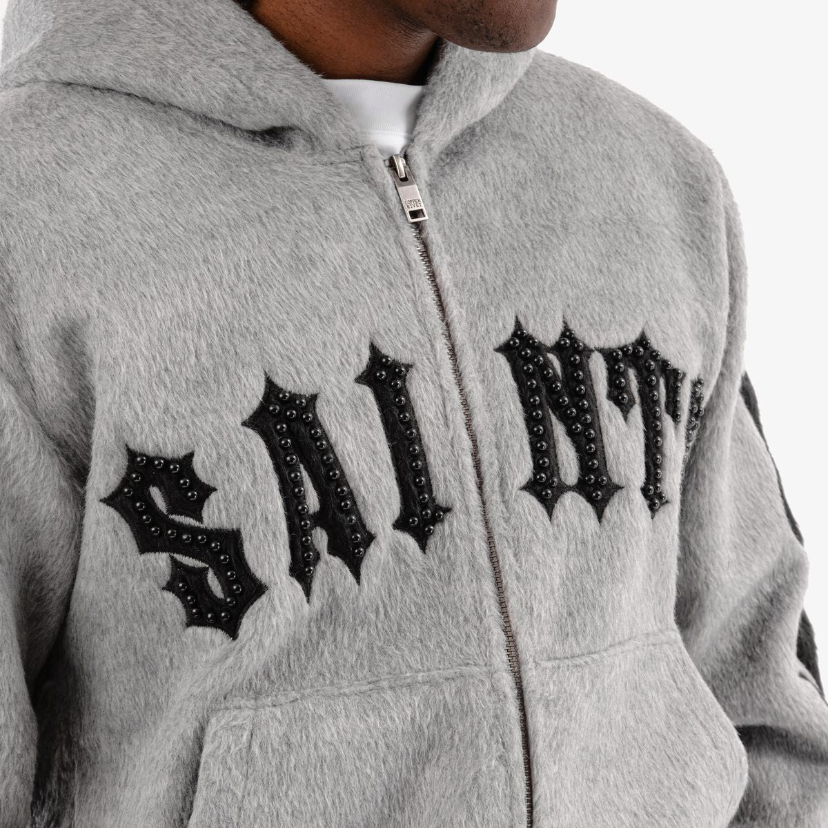 Copper Rivet Mohair Saints Embroidery Full Zip Hoodie Multi Colors