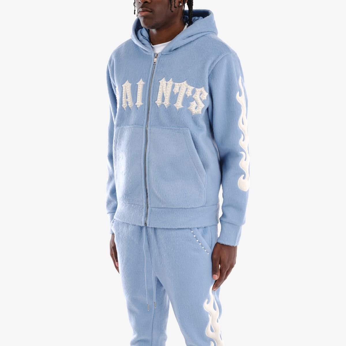 Copper Rivet Mohair Saints Embroidery Full Zip Hoodie Multi Colors