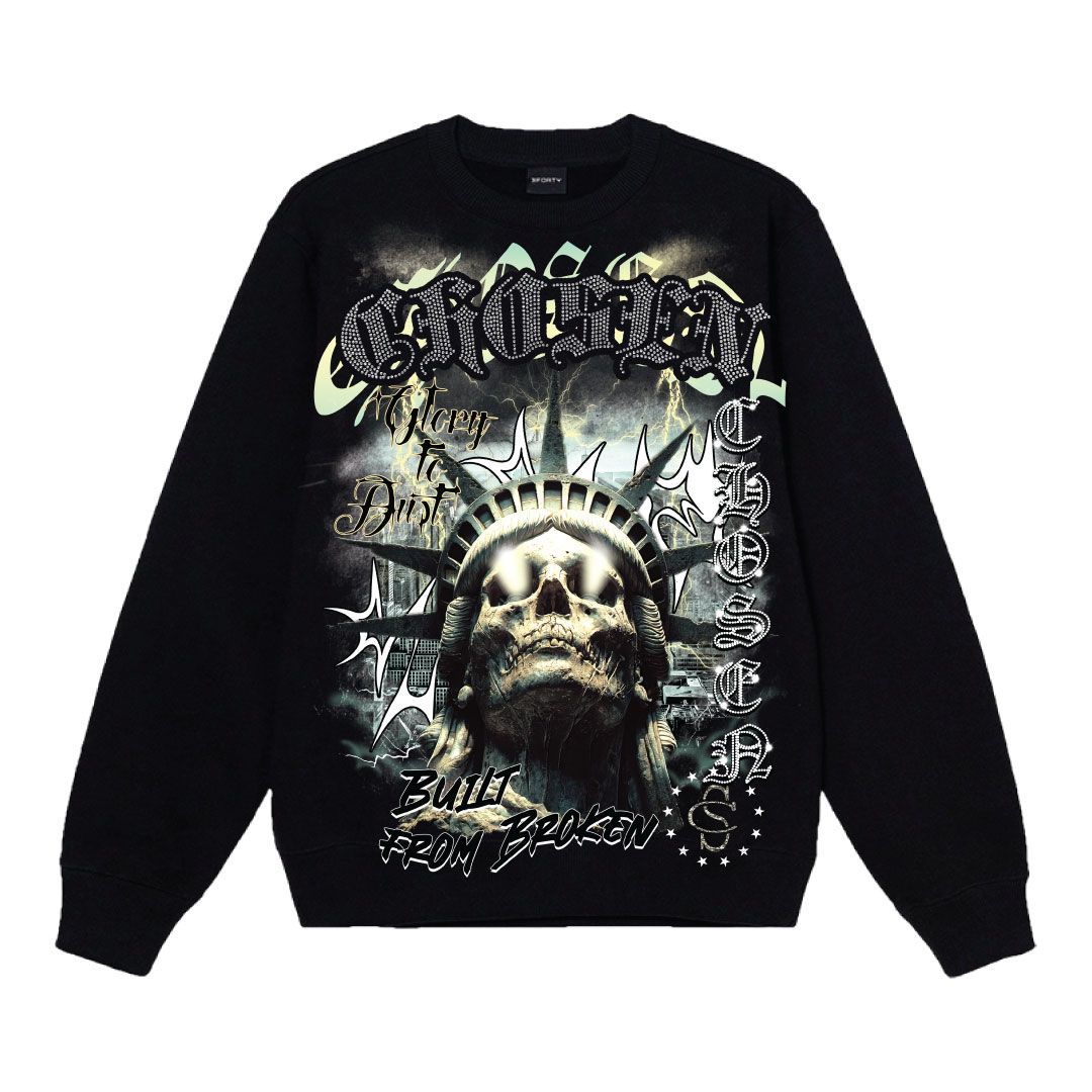 Forty Skull Rhinestone Crewneck Fleece Sweatshirt Multi Colors