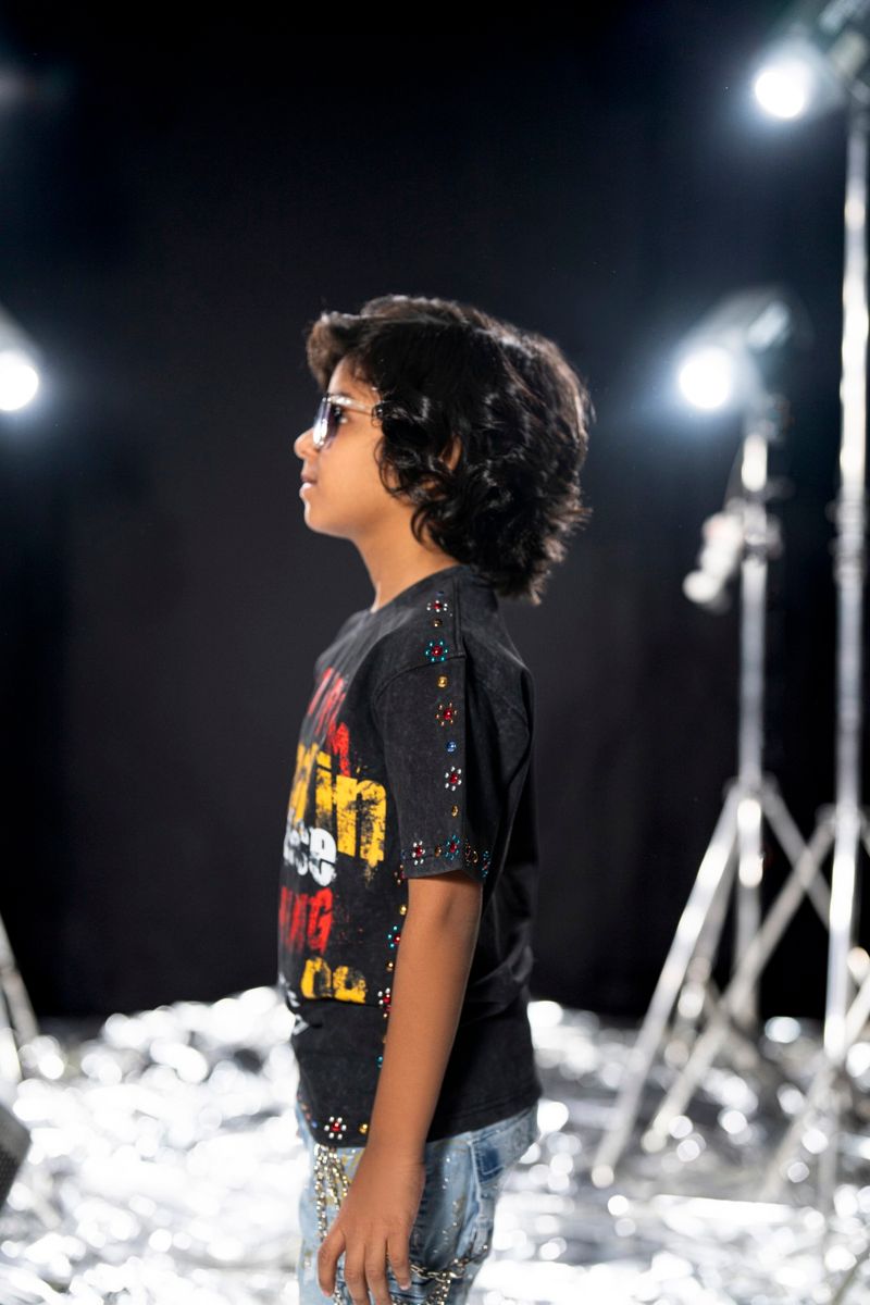 Elite Kids Built From Nothing Rhinestone Studded Over Sized Heavy T-Shirt Black