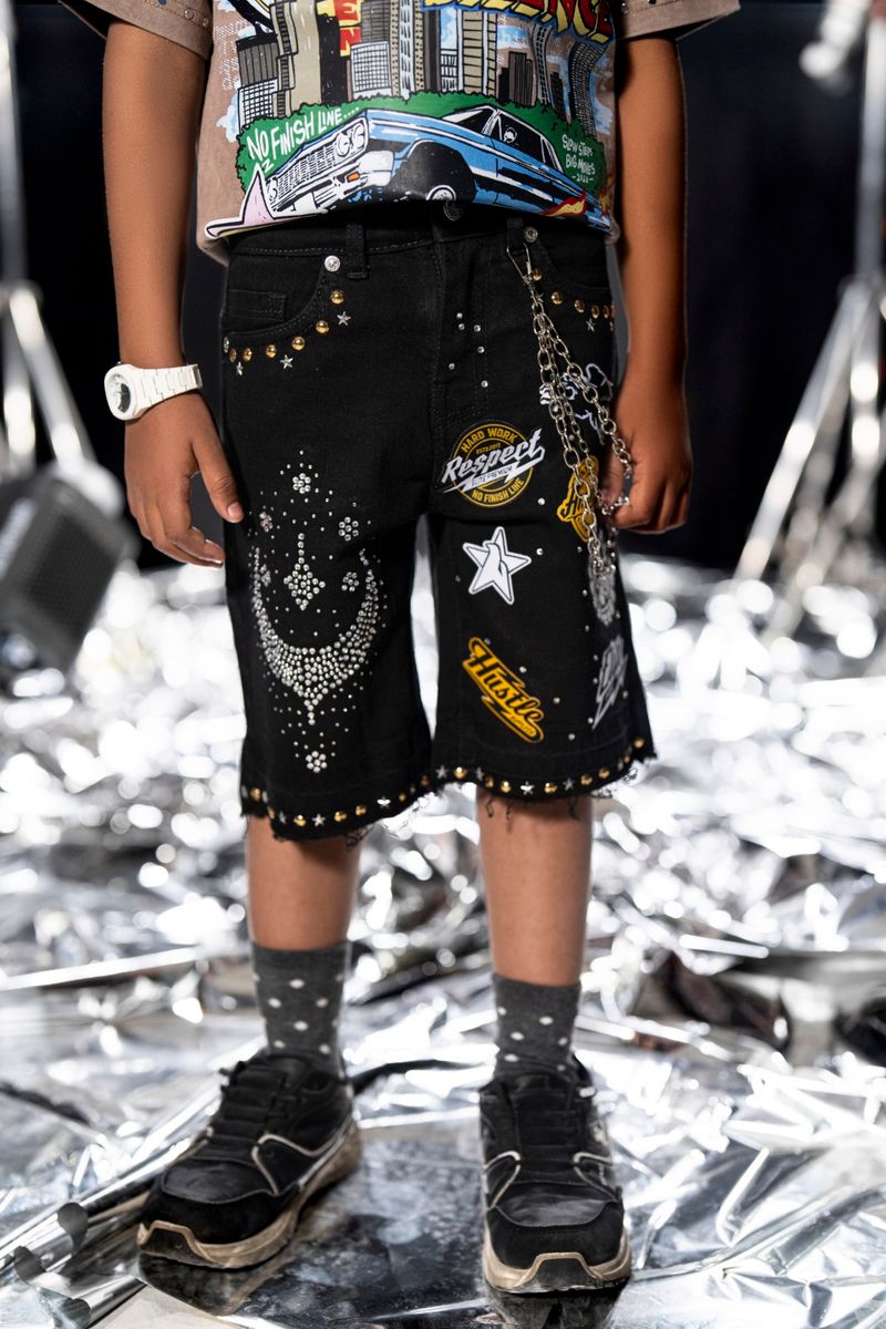 Elite Kids Rhinestones Chain Night Sky Denim Shorts Multi Colors