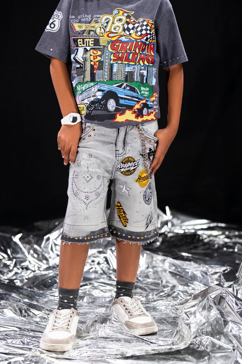 Elite Kids Rhinestones Chain Night Sky Denim Shorts Multi Colors