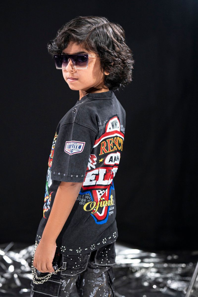 Elite Kids Grind In Silence Rhinestone Studded Over Sized Heavy T-Shirt Multi Colors