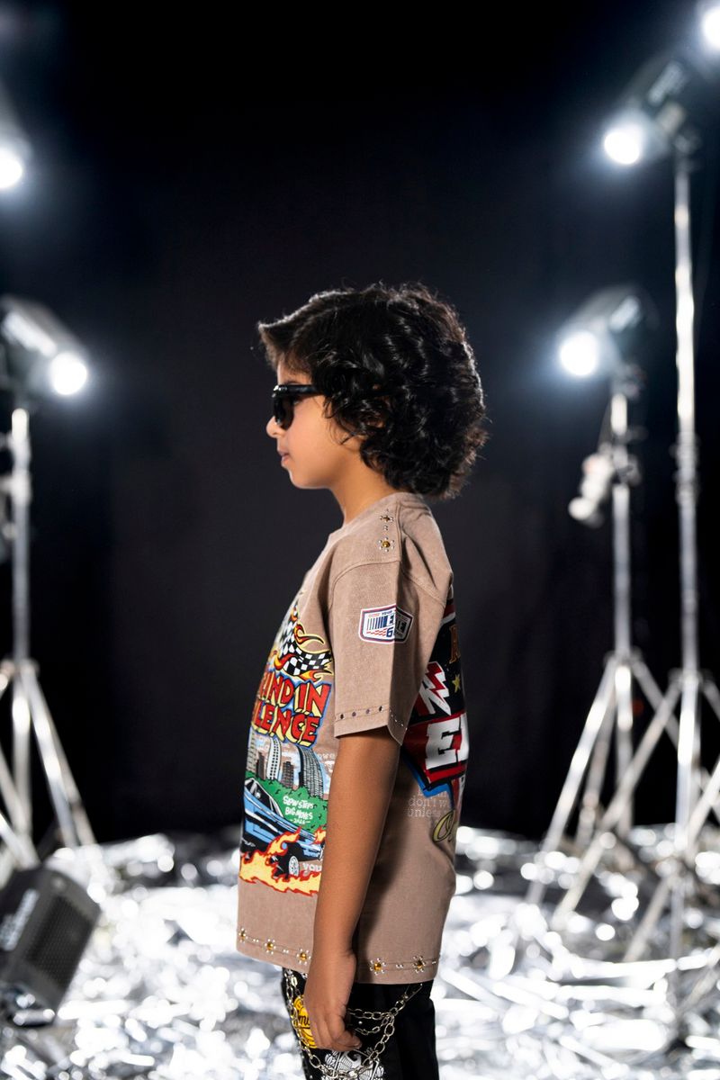 Elite Kids Grind In Silence Rhinestone Studded Over Sized Heavy T-Shirt Multi Colors