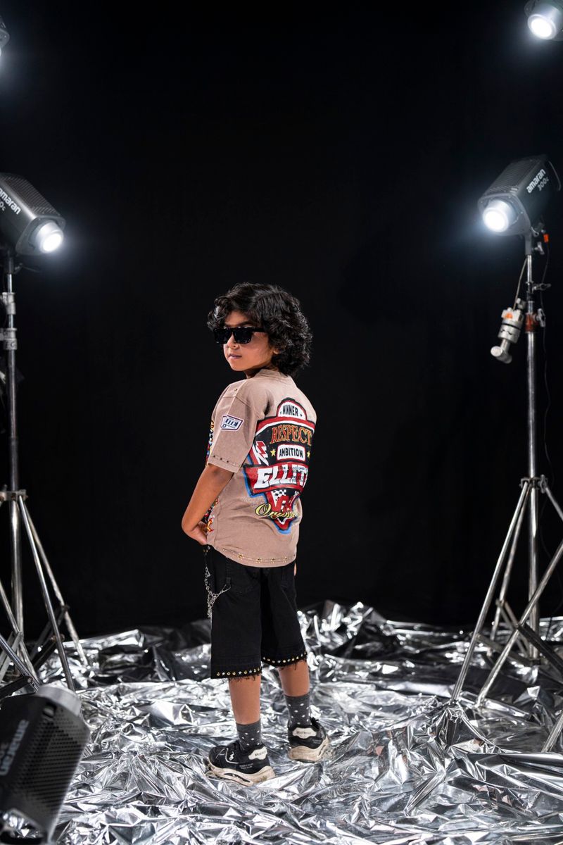 Elite Kids Grind In Silence Rhinestone Studded Over Sized Heavy T-Shirt Multi Colors