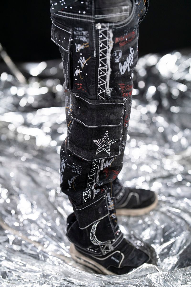 Elite Kids Graffiti Kids Studded Rhinestone Cargo Denim Blue