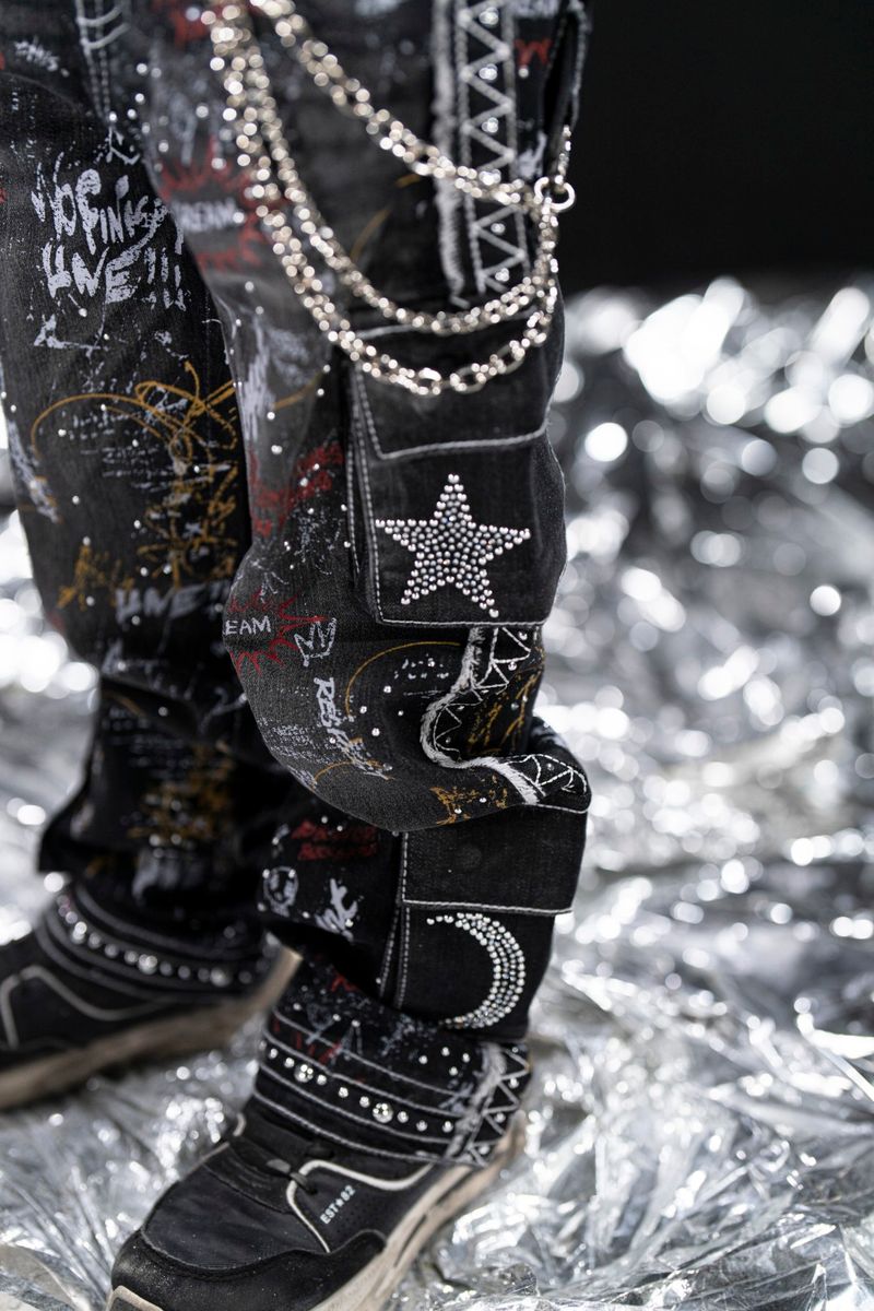 Elite Kids Graffiti Kids Studded Rhinestone Cargo Denim Blue