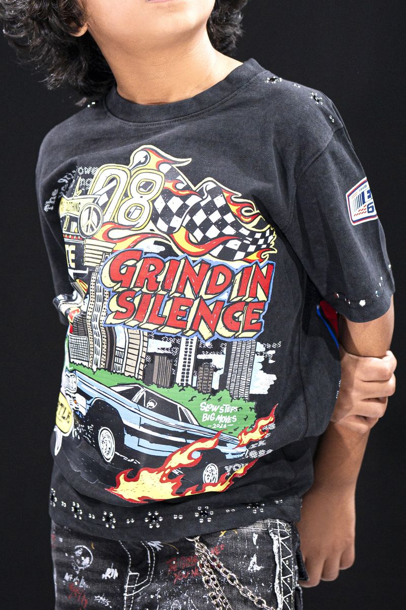 Elite Kids Grind In Silence Rhinestone Studded Over Sized Heavy T-Shirt Multi Colors