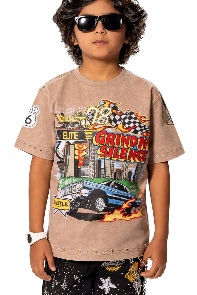 Elite Kids Grind In Silence Rhinestone Studded Over Sized Heavy T-Shirt Multi Colors