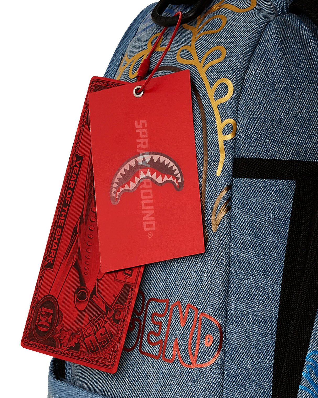 SPRAYGROUND METALLIC PRINTED DENIM SHARK DLXSV BACKPACK