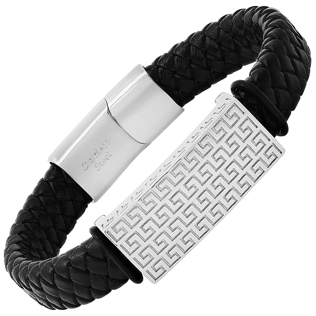 Greek Key Woven Leather ID Bracelet