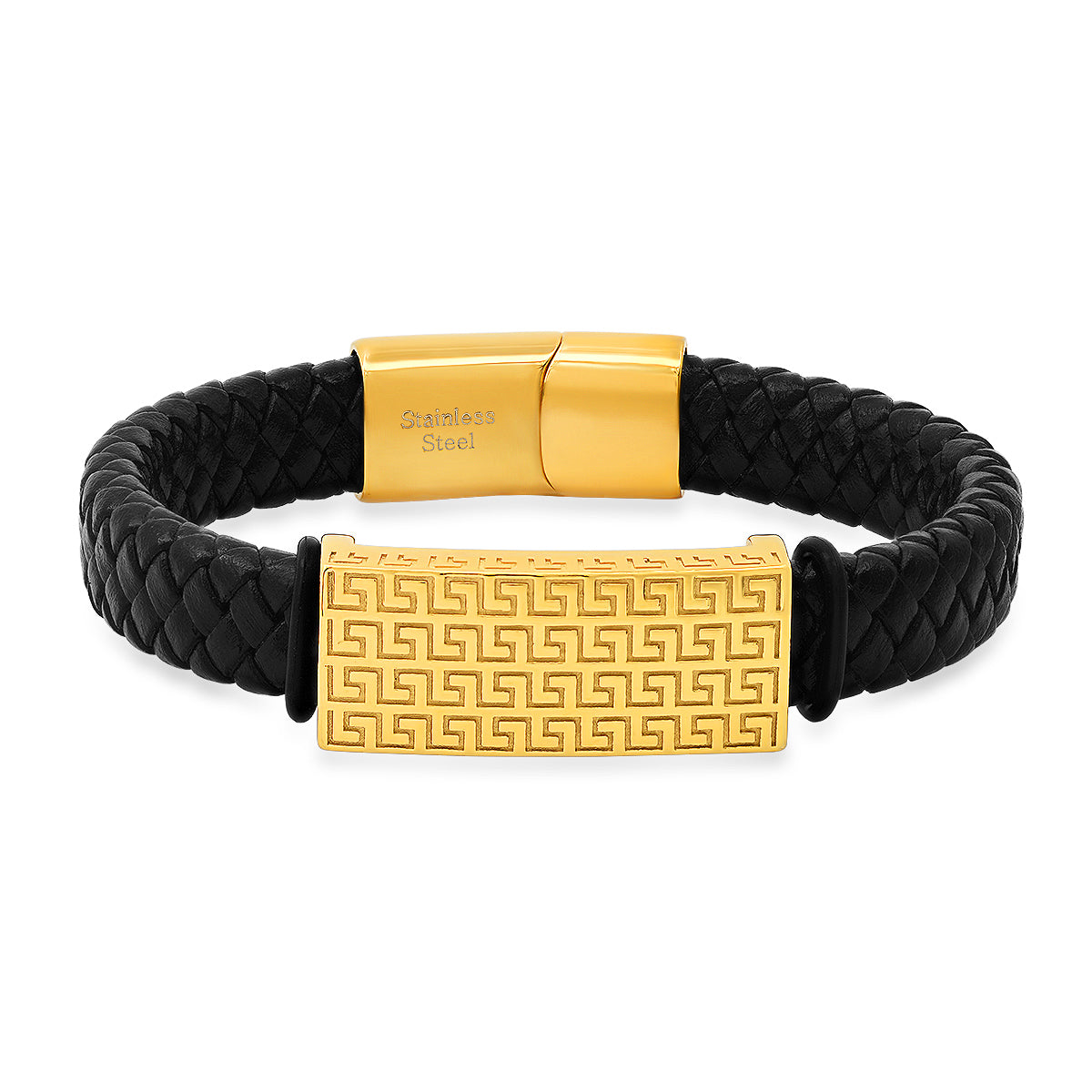 Greek Key Woven Leather ID Bracelet