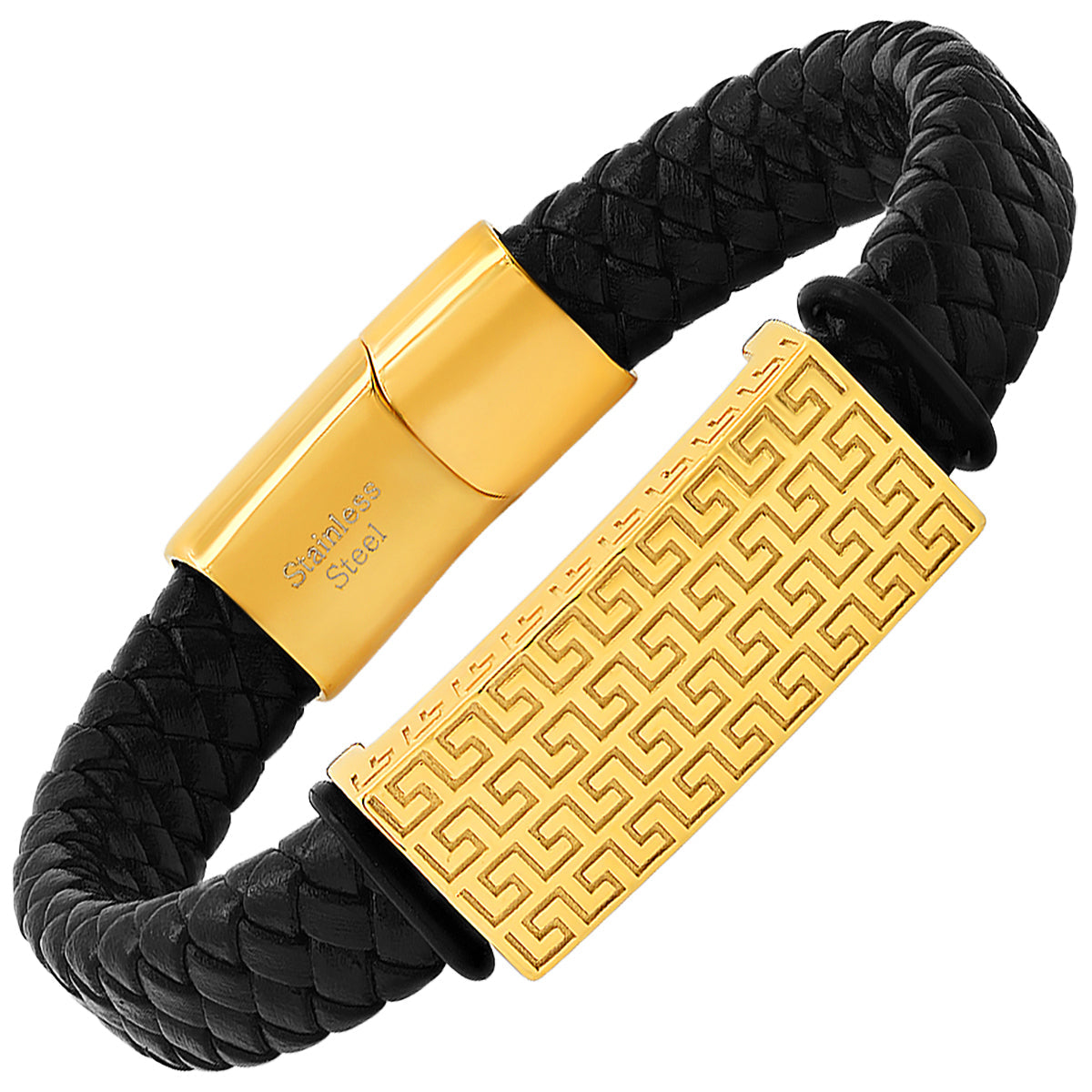 Greek Key Woven Leather ID Bracelet