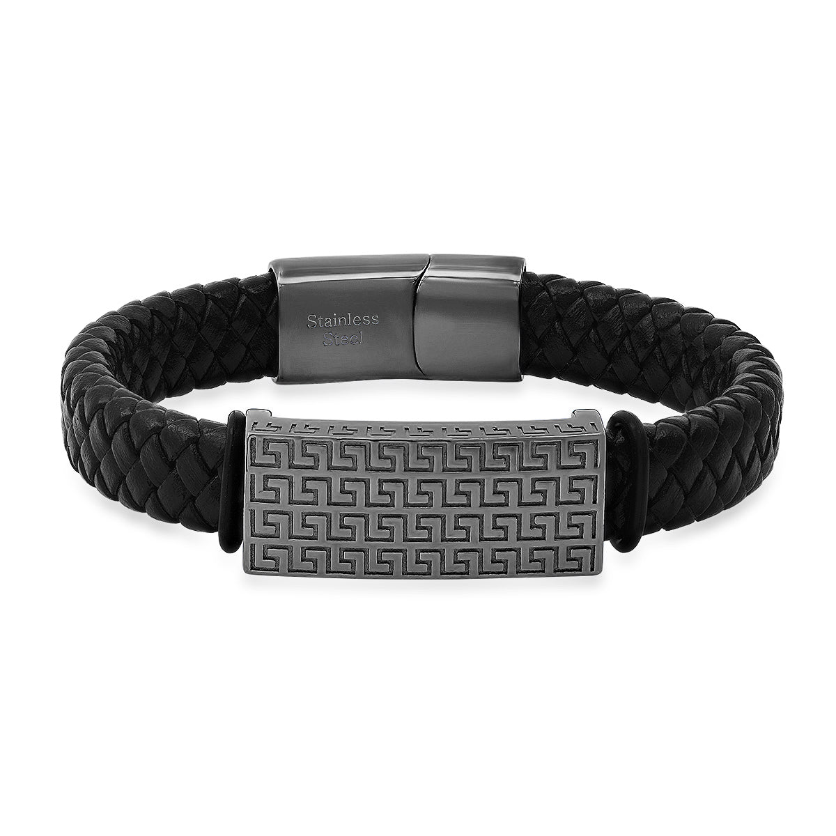 Greek Key Woven Leather ID Bracelet