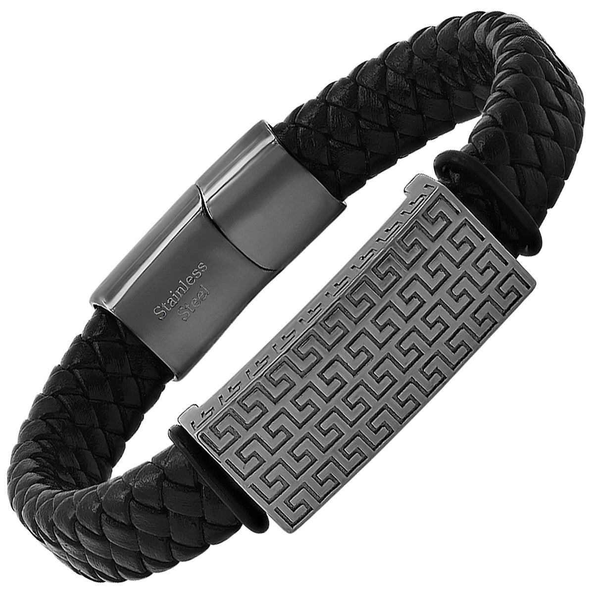 Greek Key Woven Leather ID Bracelet