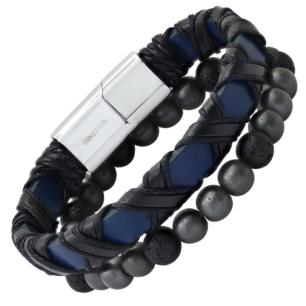 Criss Cross Leather + Lava Bracelet Stack