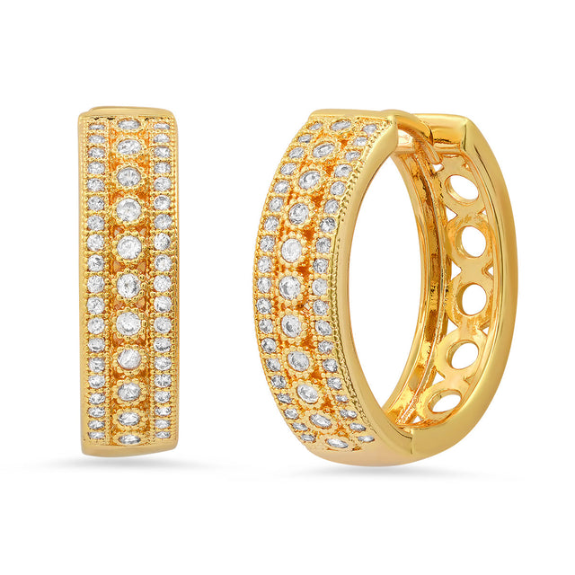 Steeltime 18K Gold Plated Brass Huggie Earrings with Simulated Diamonds